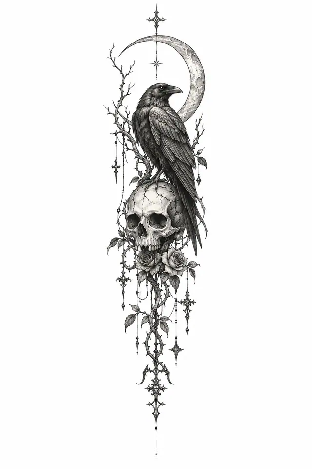 Fine-line gothic raven tattoo design for the spine