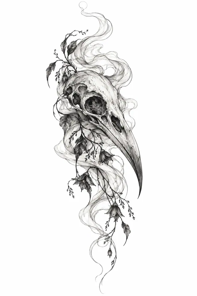 Fine-line gothic raven tattoo design for the thigh