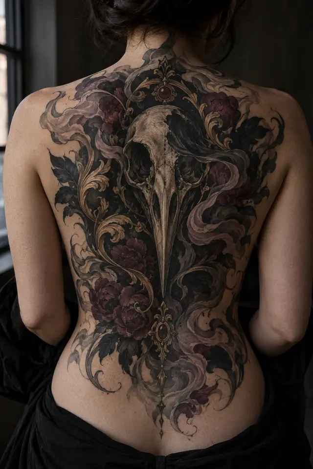 Neo-traditional gothic raven tattoo on the back