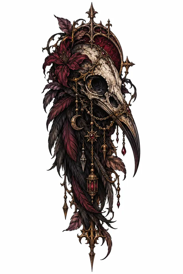 Neo-traditional gothic raven tattoo design for the calf