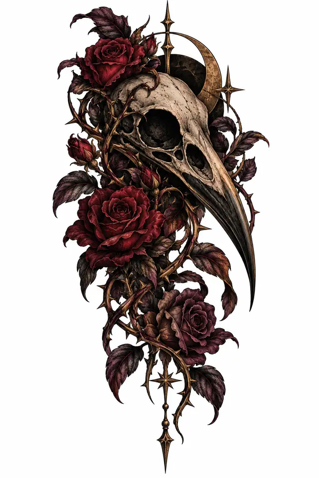Neo-traditional gothic raven tattoo design for the thigh