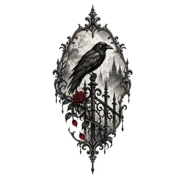 Red and black gothic raven tattoo design for the ankle