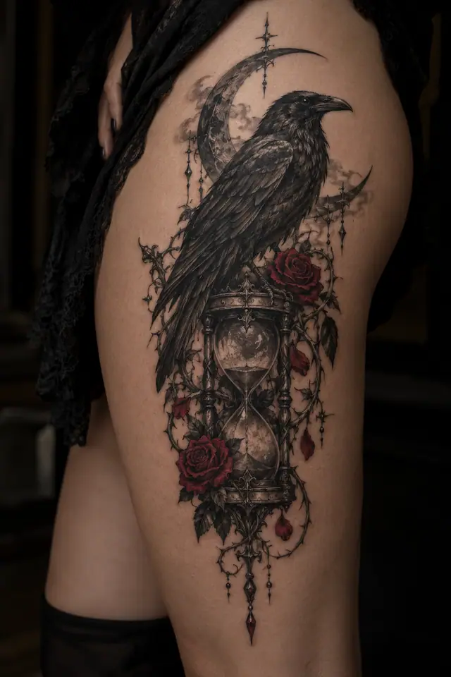 Red and black gothic raven tattoo on the thigh