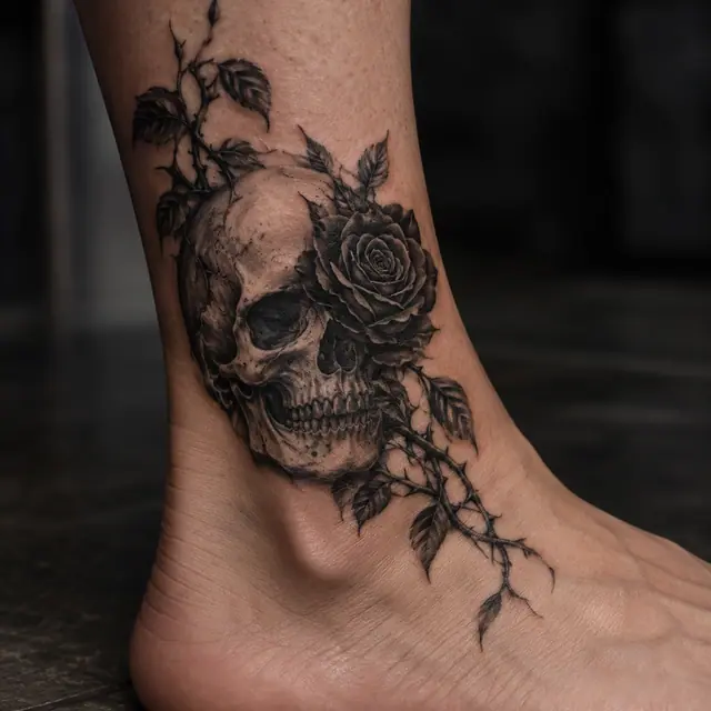 Black and grey gothic skull tattoo on the ankle