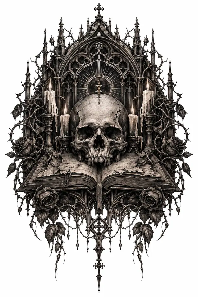 Black and grey gothic skull tattoo design for the back