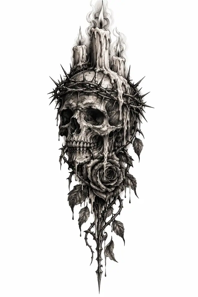 Black and grey gothic skull tattoo design for the calf