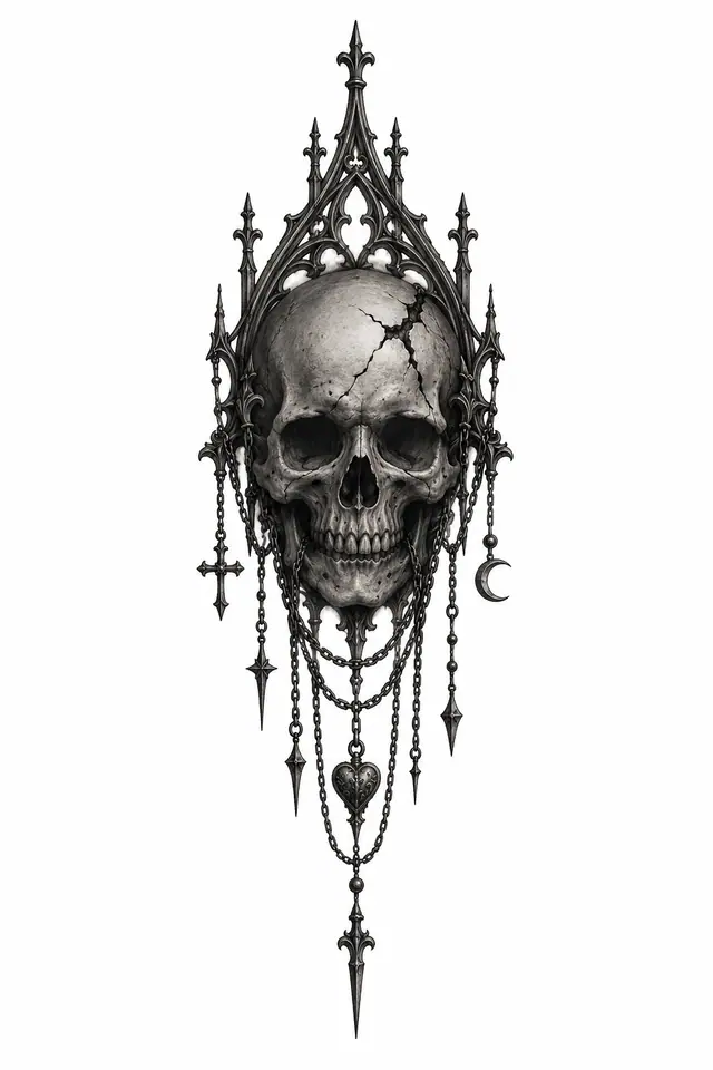Black and grey gothic skull tattoo design for the calf