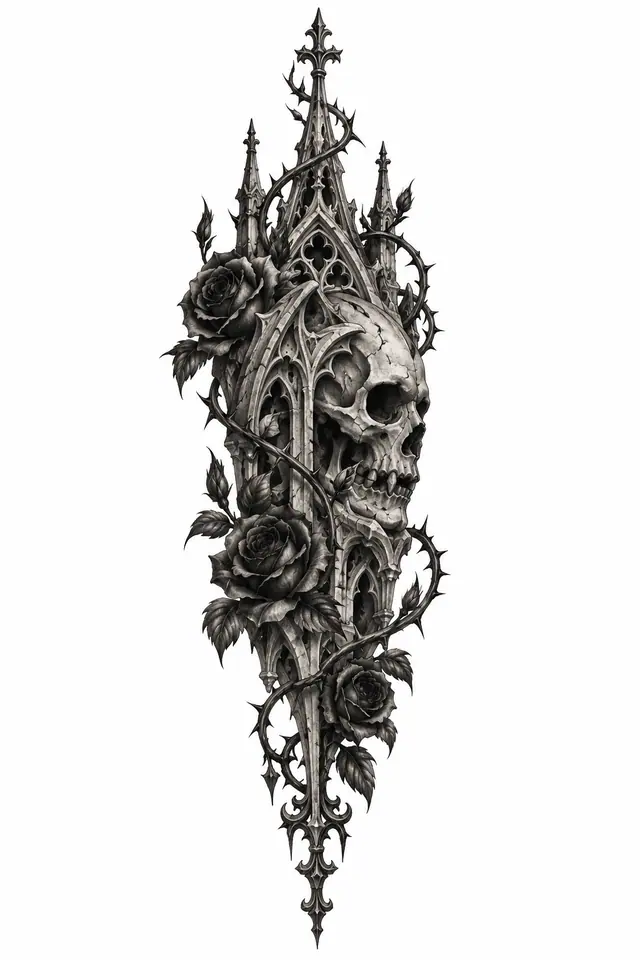 Black and grey gothic skull tattoo design for the forearm