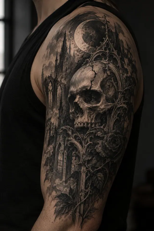 Black and grey gothic skull tattoo on the upper arm (half sleeve)