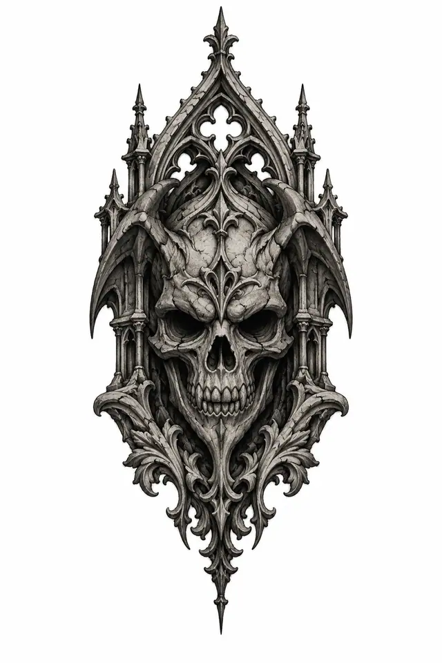 Black and grey gothic skull tattoo design for the hand