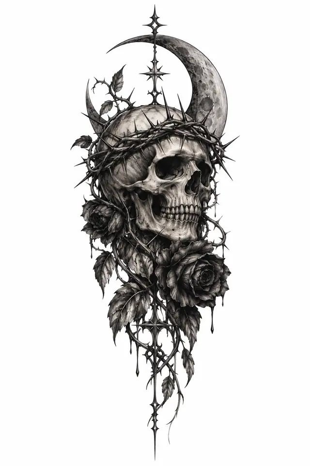 Black and grey gothic skull tattoo design for the thigh