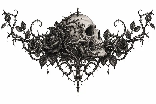 Black and grey gothic skull tattoo design for the throat