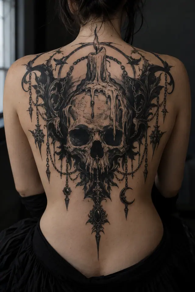Blackwork gothic skull tattoo on the back