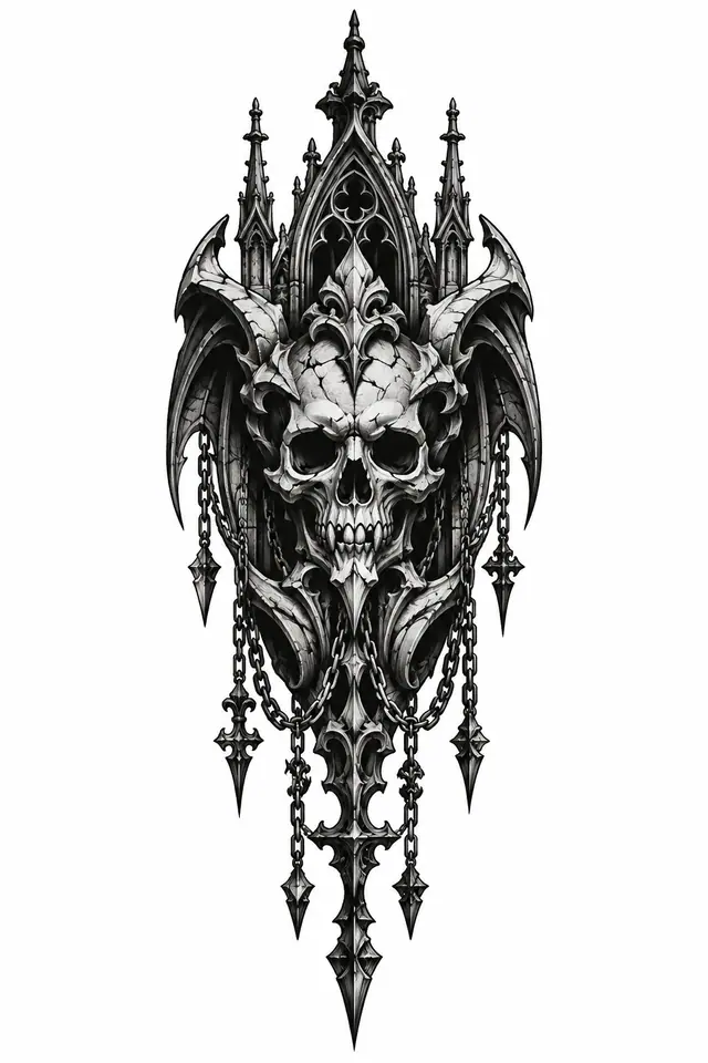 Blackwork gothic skull tattoo design for the calf