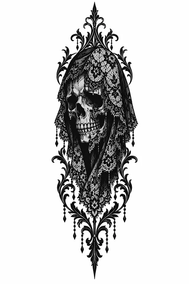 Blackwork gothic skull tattoo design for the forearm