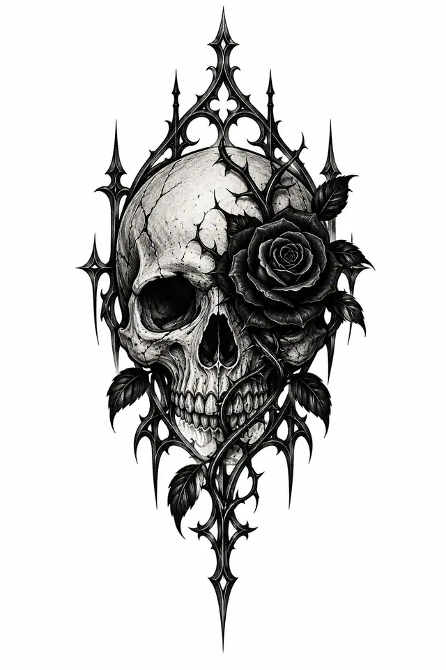 Blackwork gothic skull tattoo design for the hand