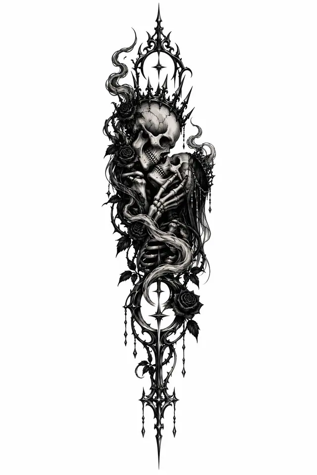 Blackwork gothic skull tattoo design for the spine