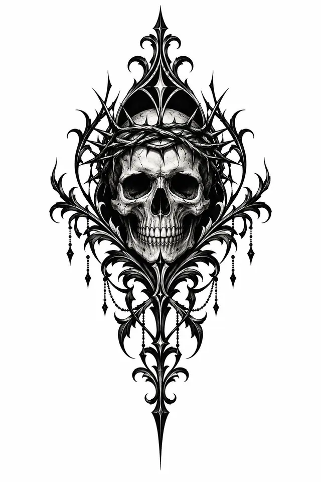 Blackwork gothic skull tattoo design for the sternum