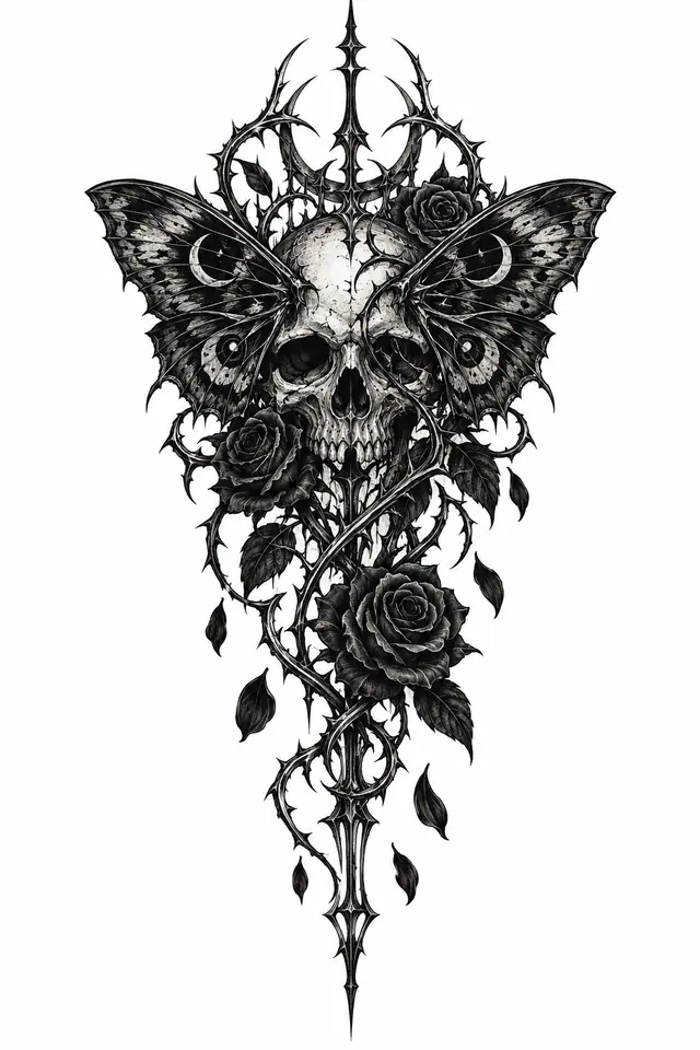 Blackwork gothic skull tattoo design for the thigh