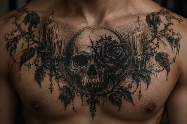 Dotwork gothic skull tattoo on the chest