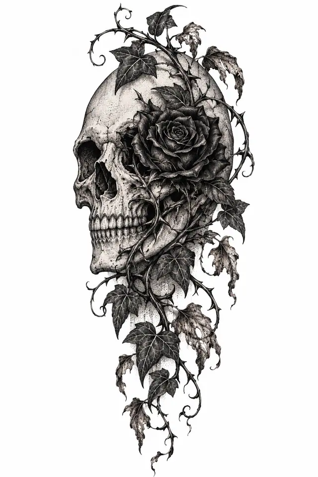 Dotwork gothic skull tattoo design for the upper arm (half sleeve)