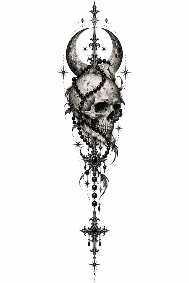 Dotwork gothic skull tattoo design for the spine