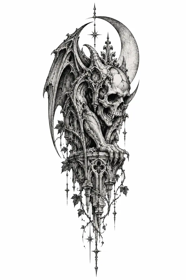 Dotwork gothic skull tattoo design for the thigh