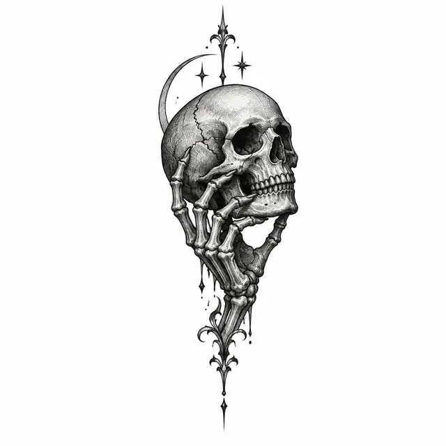 Engraving-style gothic skull tattoo design for the ankle