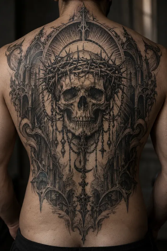 Engraving-style gothic skull tattoo on the back