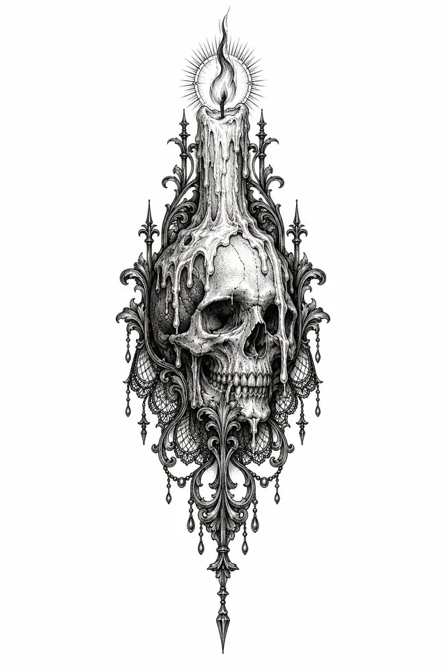 Engraving-style gothic skull tattoo design for the calf