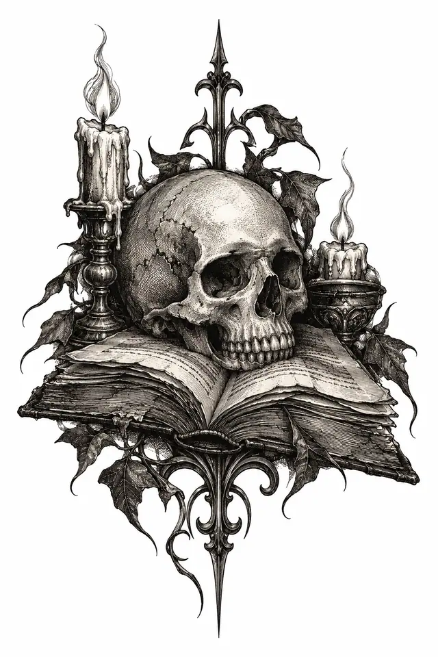 Engraving-style gothic skull tattoo design for the hand