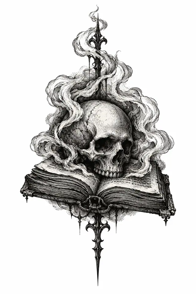 Engraving-style gothic skull tattoo design for the hand
