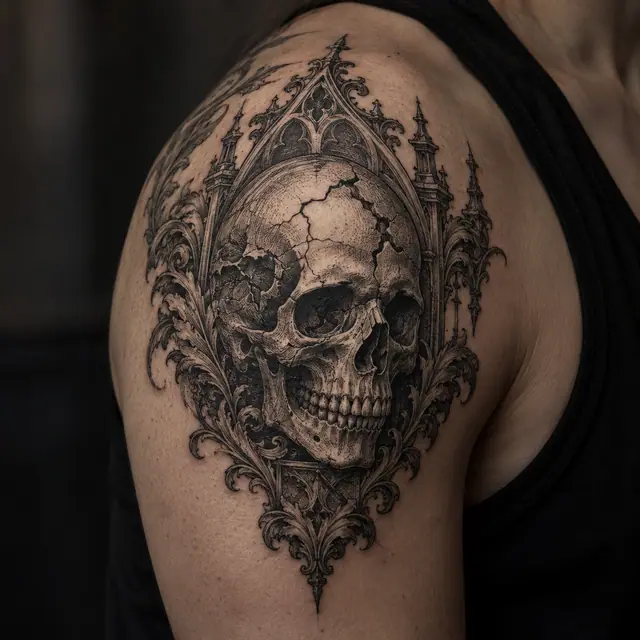 Engraving-style gothic skull tattoo on the shoulder
