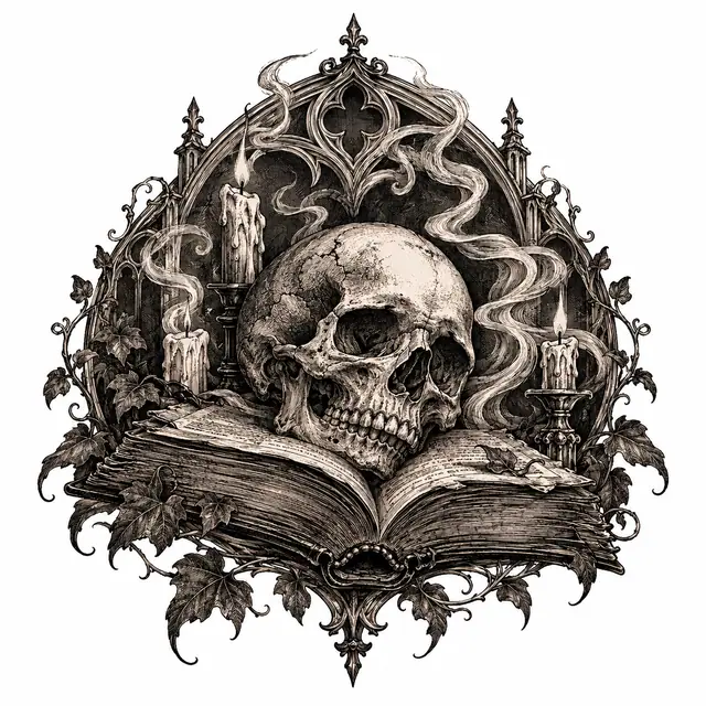Engraving-style gothic skull tattoo design for the shoulder