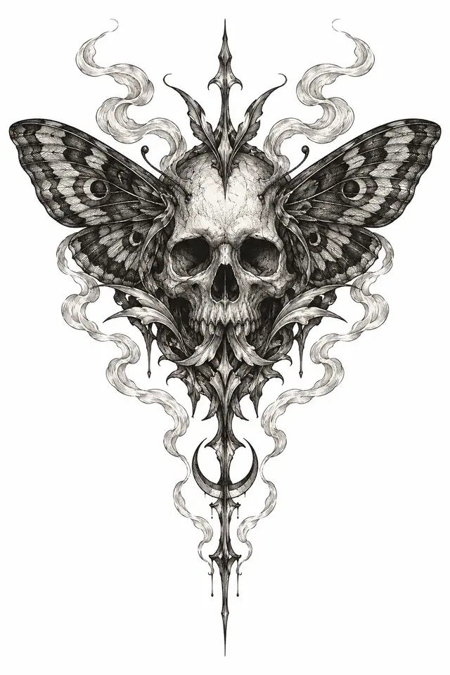Engraving-style gothic skull tattoo design for the sternum