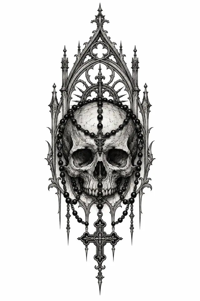 Engraving-style gothic skull tattoo design for the sternum