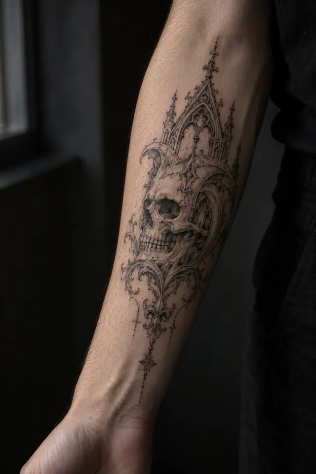 Fine-line gothic skull tattoo on the forearm