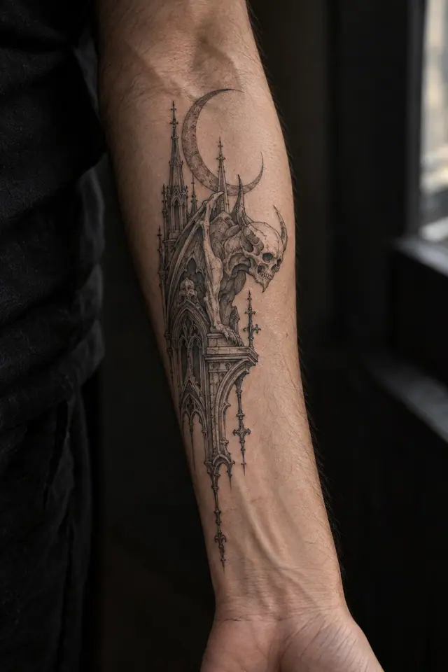 Fine-line gothic skull tattoo on the forearm