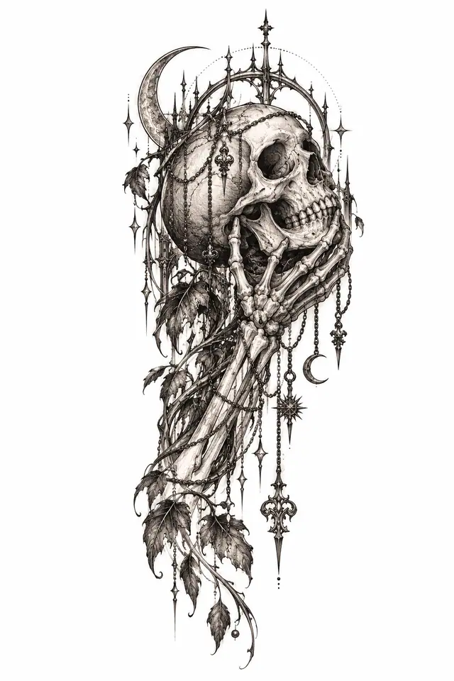 Fine-line gothic skull tattoo design for the upper arm (half sleeve)