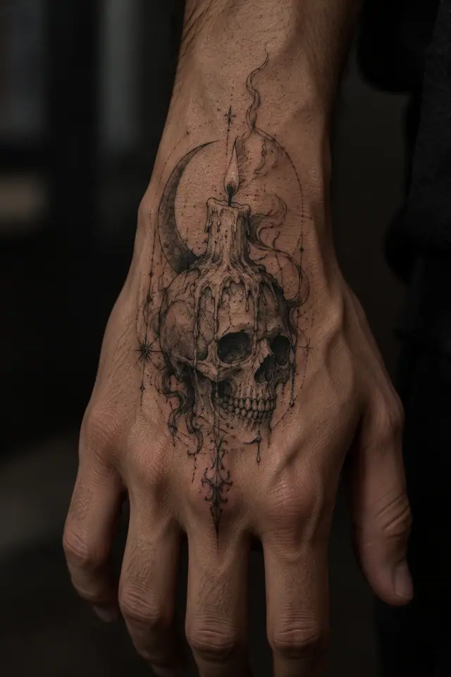 Fine-line gothic skull tattoo on the hand