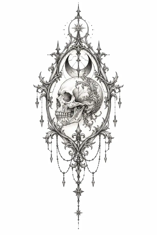 Fine-line gothic skull tattoo design for the sternum