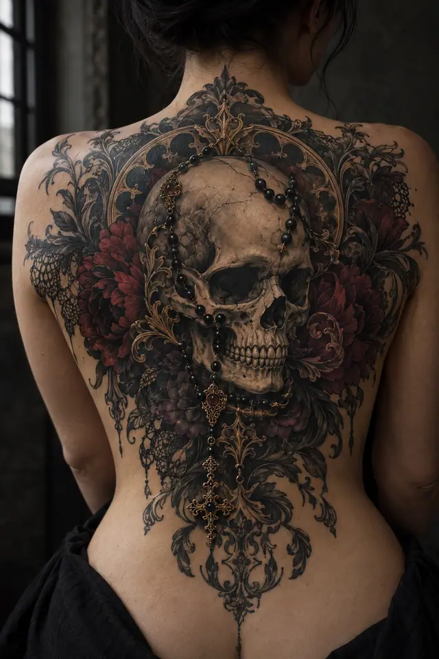 Neo-traditional gothic skull tattoo on the back
