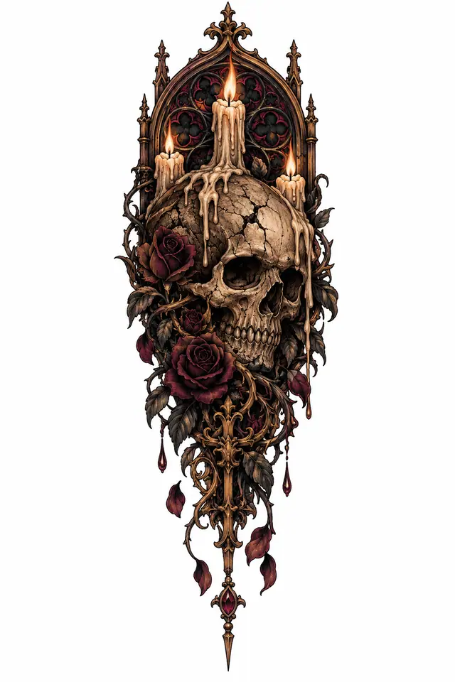 Neo-traditional gothic skull tattoo design for the calf