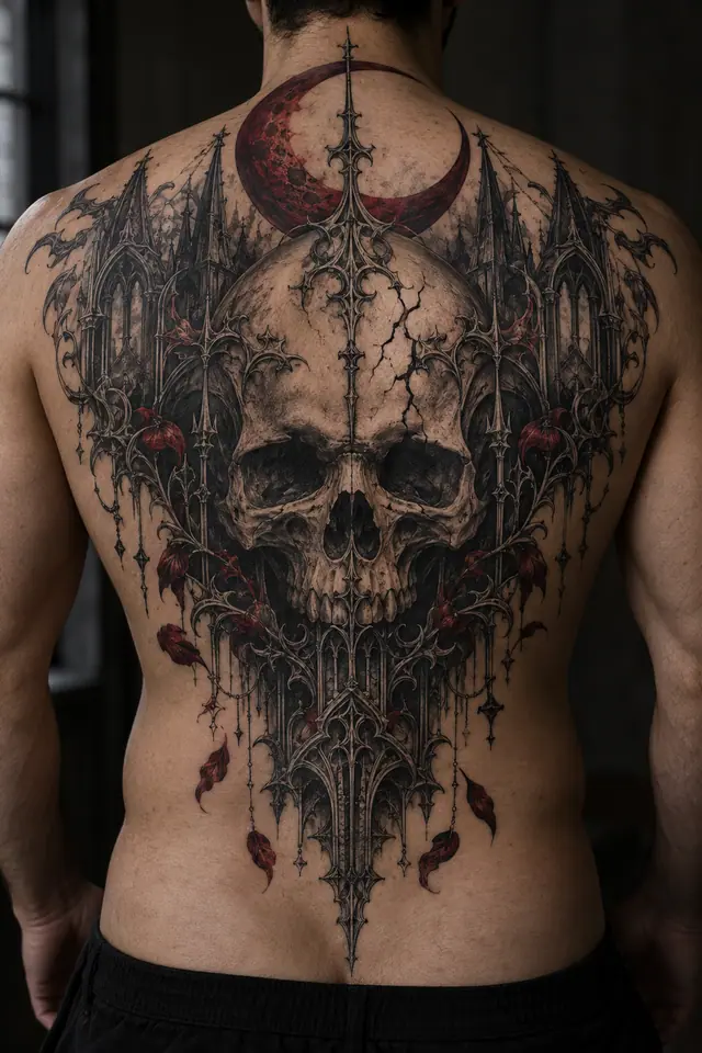 Red and black gothic skull tattoo on the back