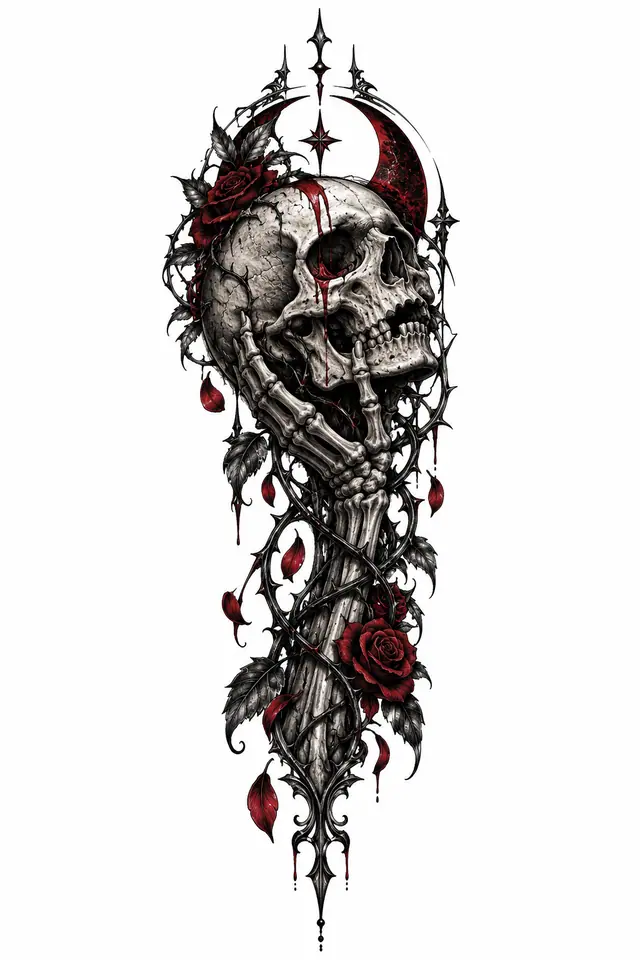 Red and black gothic skull tattoo design for the calf