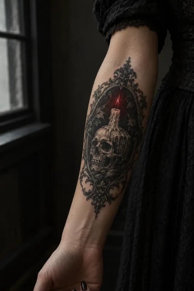 Red and black gothic skull tattoo on the forearm