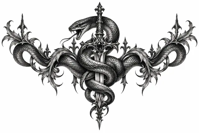 Black and grey snake and dagger tattoo design for the chest