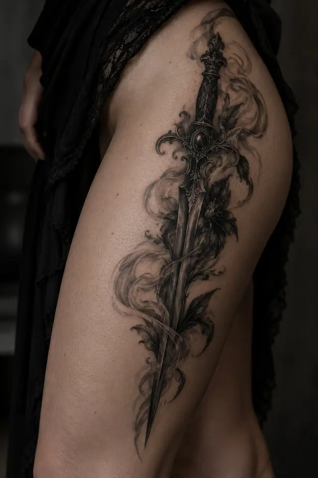 Black and grey snake and dagger tattoo on the thigh