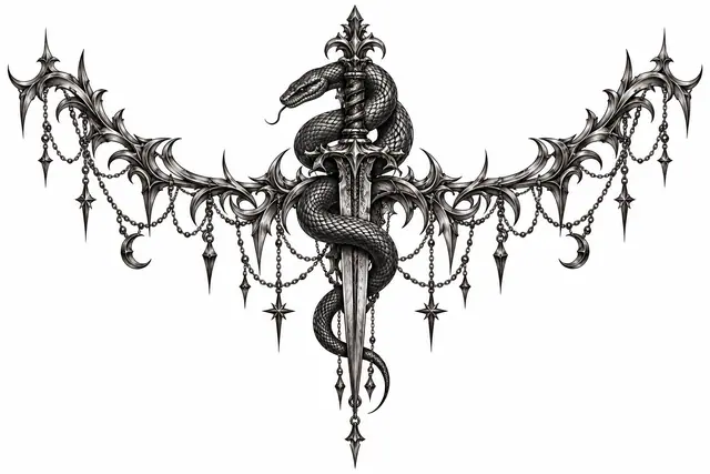 Black and grey snake and dagger tattoo design for the throat