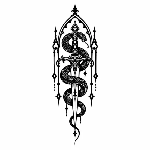 Blackwork snake and dagger tattoo design for the ankle